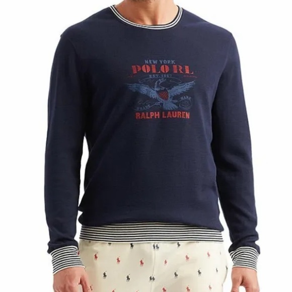 Polo Shirt Ralph Lauren Navy Blue Polo Eagle Logo Waffle Knit Crewneck - Picture 3 of 13